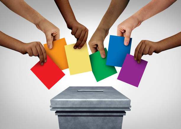 LGBT community vote and gay rights pride voting or sexuality diversity concept and diverse hands casting ballots at a polling station as a democratic right in a democracy with 3D illustration elements.